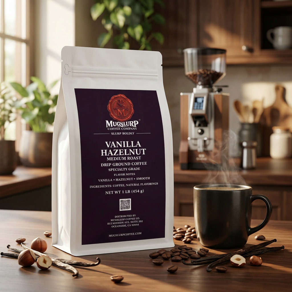 Mugslurp Vanilla Hazelnut white bag in a warm coffee-counter scene